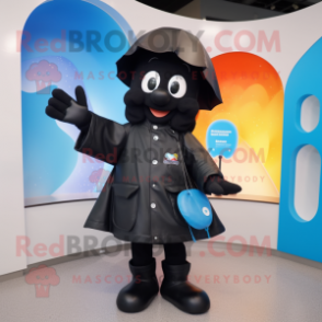 Black Momentum mascot costume character dressed with a Raincoat and Handbags
