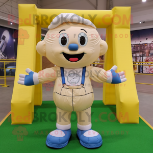 Beige Soccer Goal mascot costume character dressed with a Dungarees and Bow ties