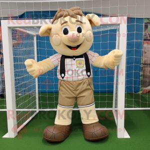 Beige Soccer Goal mascot costume character dressed with a Dungarees and Bow ties