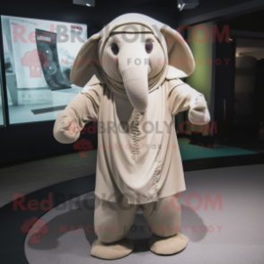 Beige Elephant mascot costume character dressed with a Jumpsuit and Shawls