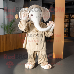 Beige Elephant mascot costume character dressed with a Jumpsuit and Shawls