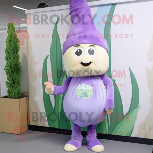 Lavender Onion mascot costume character dressed with a Turtleneck and Caps