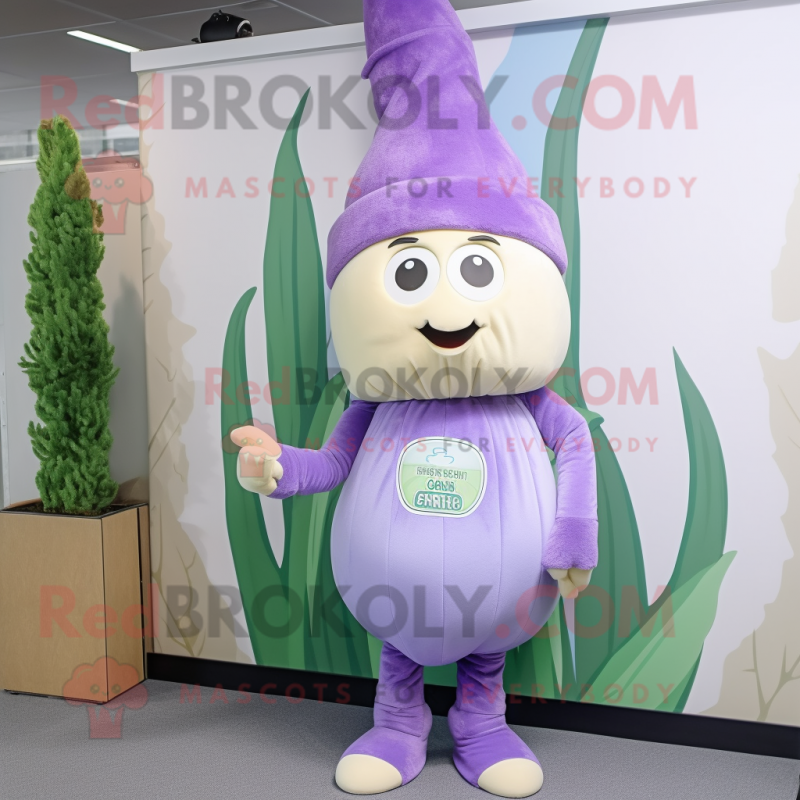 Lavender Onion mascot costume character dressed with a Turtleneck and Caps