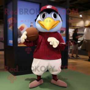 Maroon Toucan mascot costume character dressed with a Baseball Tee and Clutch bags