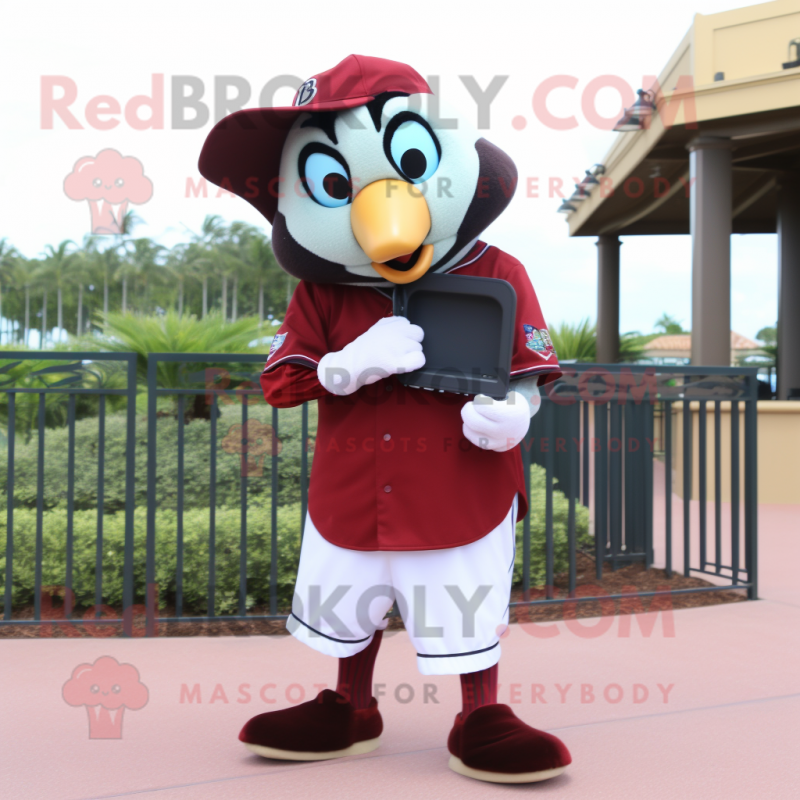 Maroon Toucan mascot costume character dressed with a Baseball Tee and Clutch bags Maroon Toucan mascot costume character dressed with a Baseball Tee and Clutch bags