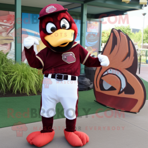 Maroon Toucan mascot costume character dressed with a Baseball Tee and Clutch bags