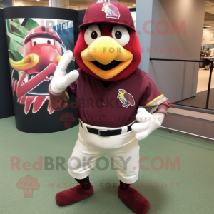 Maroon Toucan mascot costume character dressed with a Baseball Tee and Clutch bags