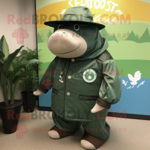 Forest Green Stellar'S Sea Cow mascot costume character dressed with a Windbreaker and Hat pins