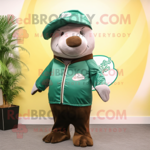 Forest Green Stellar'S Sea Cow mascot costume character dressed with a Windbreaker and Hat pins