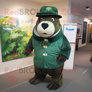 Forest Green Stellar'S Sea Cow mascot costume character dressed with a Windbreaker and Hat pins