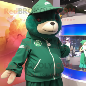 Forest Green Stellar'S Sea Cow mascot costume character dressed with a Windbreaker and Hat pins