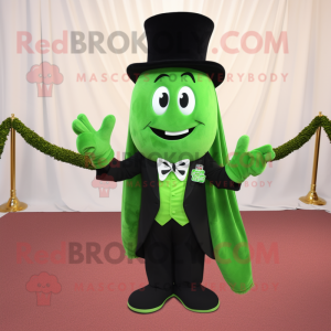 Forest Green Celery mascot costume character dressed with a Tuxedo and Shawl pins