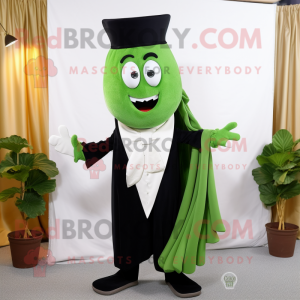 Forest Green Celery mascot costume character dressed with a Tuxedo and Shawl pins