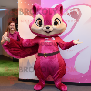 Magenta Flying Squirrel mascot costume character dressed with a Mini Dress and Rings