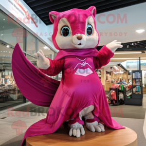 Magenta Flying Squirrel mascot costume character dressed with a Mini Dress and Rings
