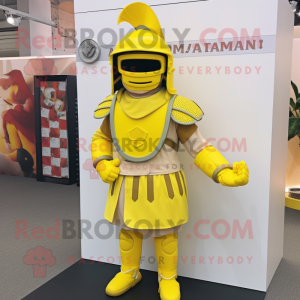 Lemon Yellow Roman Soldier mascot costume character dressed with a Moto Jacket and Hats