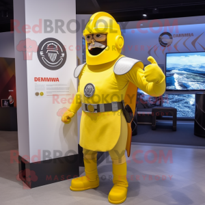 Lemon Yellow Roman Soldier mascot costume character dressed with a Moto Jacket and Hats