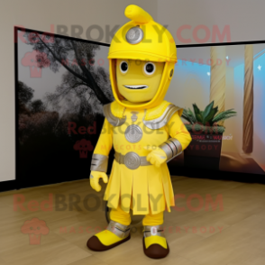 Lemon Yellow Roman Soldier mascot costume character dressed with a Moto Jacket and Hats