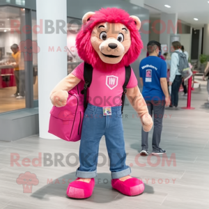 Pink Lion mascot costume character dressed with a Jeans and Backpacks