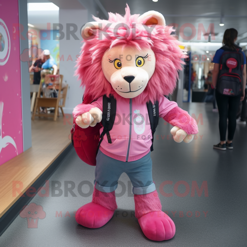 Pink Lion mascot costume character dressed with a Jeans and Backpacks Pink Lion mascot costume character dressed with a Jeans and Backpacks