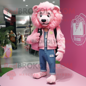 Pink Lion mascot costume character dressed with a Jeans and Backpacks