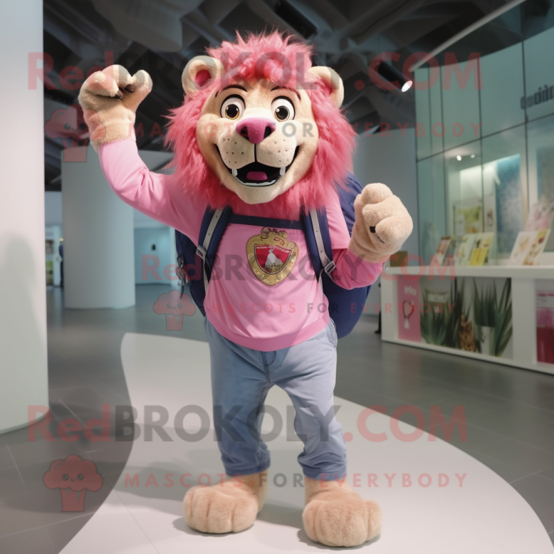 Pink Lion mascot costume character dressed with a Jeans and Backpacks