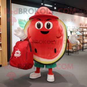 Red Melon mascot costume character dressed with a Graphic Tee and Tote bags