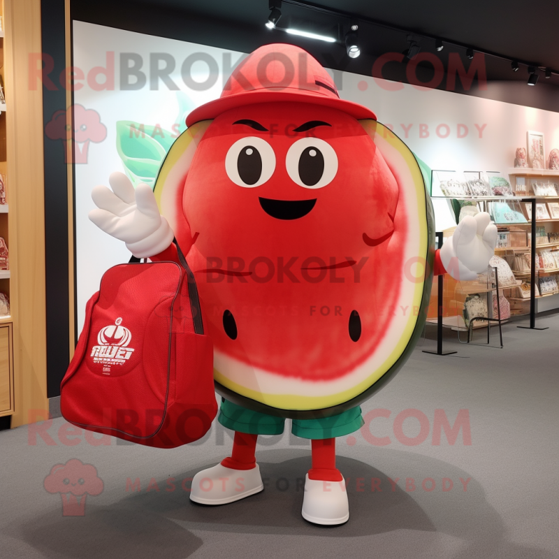 Red Melon mascot costume character dressed with a Graphic Tee and Tote bags Red Melon mascot costume character dressed with a Graphic Tee and Tote bags