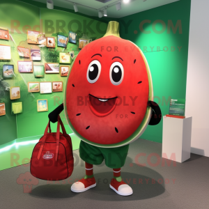 Red Melon mascot costume character dressed with a Graphic Tee and Tote bags