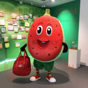 Red Melon mascot costume character dressed with a Graphic Tee and Tote bags