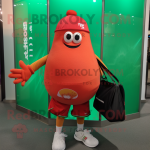 Red Melon mascot costume character dressed with a Graphic Tee and Tote bags