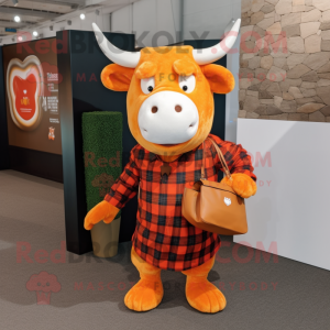 Orange Bull mascot costume character dressed with a Flannel Shirt and Handbags