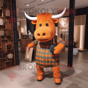 Orange Bull mascot costume character dressed with a Flannel Shirt and Handbags