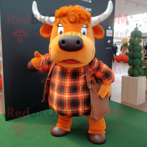 Orange Bull mascot costume character dressed with a Flannel Shirt and Handbags