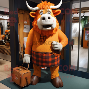 Orange Bull mascot costume character dressed with a Flannel Shirt and Handbags