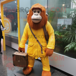 Yellow Orangutan mascot costume character dressed with a Raincoat and Briefcases