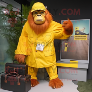 Yellow Orangutan mascot costume character dressed with a Raincoat and Briefcases