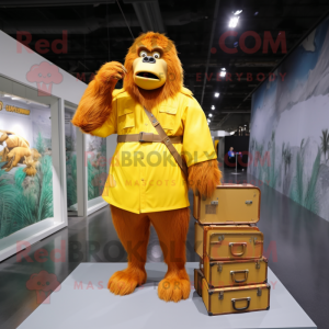 Yellow Orangutan mascot costume character dressed with a Raincoat and Briefcases