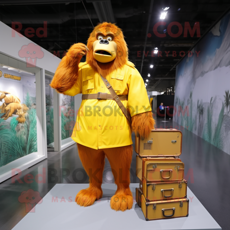 Yellow Orangutan mascot costume character dressed with a Raincoat and Briefcases Yellow Orangutan mascot costume character dressed with a Raincoat and Briefcases