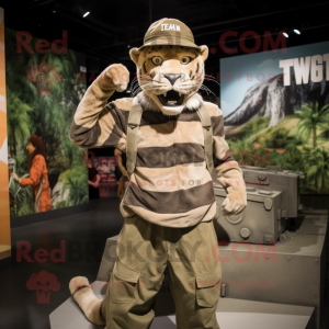 Gray Saber-Toothed Tiger mascot costume character dressed with a Tank Top and Berets