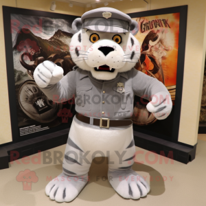 Gray Saber-Toothed Tiger mascot costume character dressed with a Tank Top and Berets