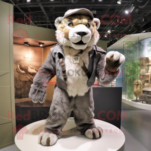 Gray Saber-Toothed Tiger mascot costume character dressed with a Tank Top and Berets