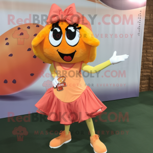 Peach Paella mascot costume character dressed with a Shift Dress and Shoe laces