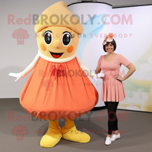 Peach Paella mascot costume character dressed with a Shift Dress and Shoe laces