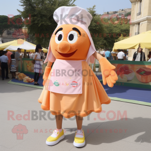 Peach Paella mascot costume character dressed with a Shift Dress and Shoe laces