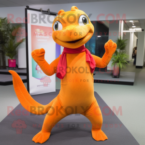 Orange Lizard mascot costume character dressed with a Yoga Pants and Scarf clips