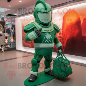 Green Spartan Soldier mascot costume character dressed with a Sweatshirt and Handbags