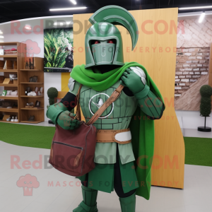 Green Spartan Soldier mascot costume character dressed with a Sweatshirt and Handbags