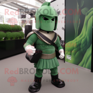 Green Spartan Soldier mascot costume character dressed with a Sweatshirt and Handbags