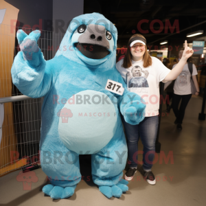 Cyan Giant Sloth mascot costume character dressed with a Mom Jeans and Ties